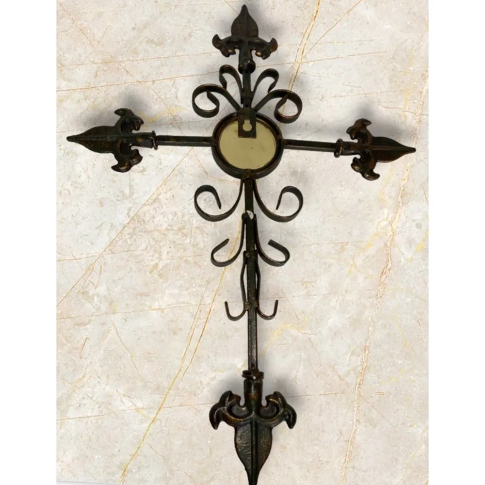 Bronze Wrought Iron Large Heavy Fleur De Lis Cross Ready To Hang 19” X 14”